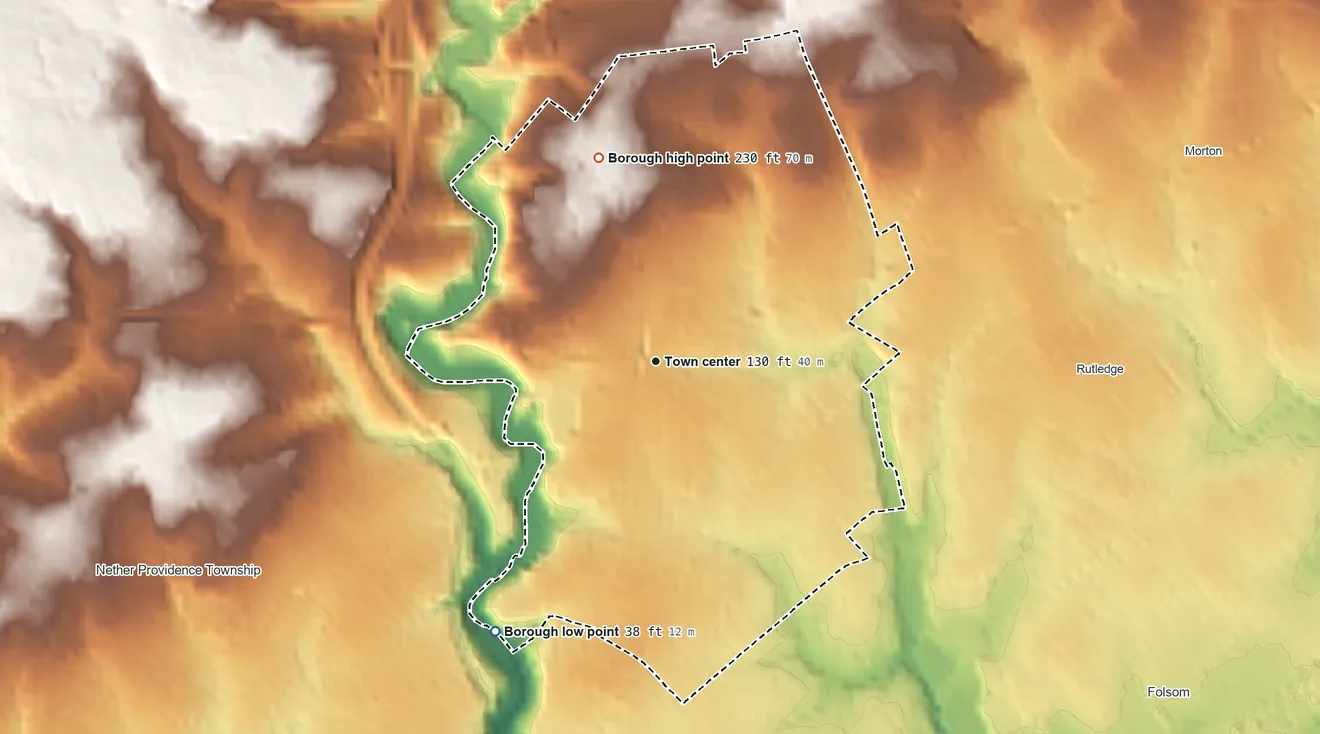 Topographic elevation map of Swarthmore, Pennsylvania, shaded from 38 ft on the southwest side to 230 ft on the north side
