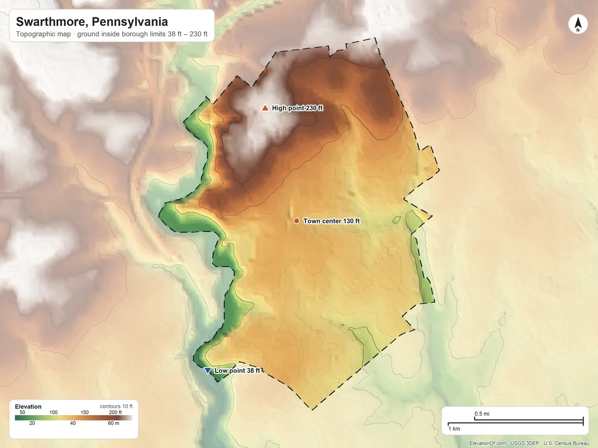 Topographic elevation map of Swarthmore, Pennsylvania, shaded from 38 ft on the southwest side to 230 ft on the north side