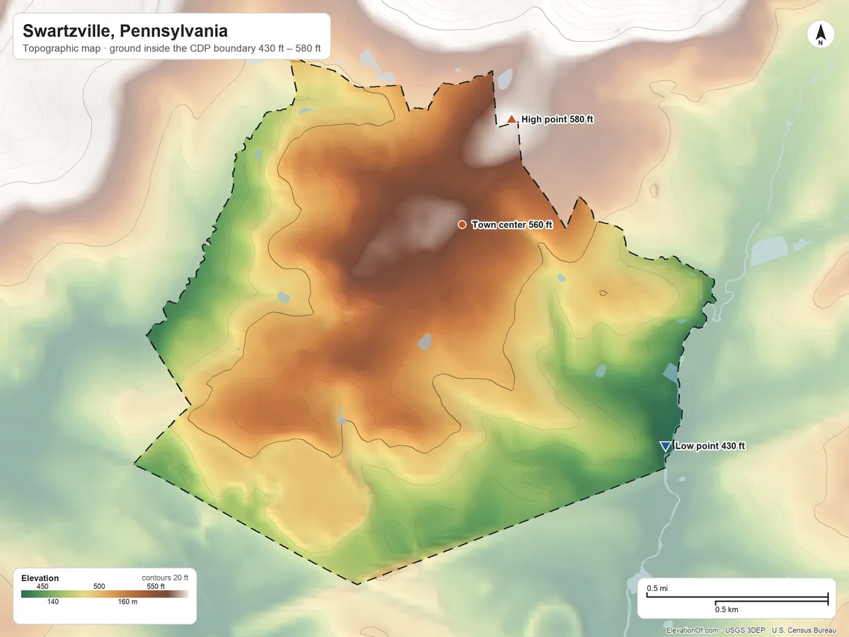 Topographic elevation map of Swartzville, Pennsylvania, shaded from 430 ft on the southeast side to 580 ft at the foot of the South Mountain