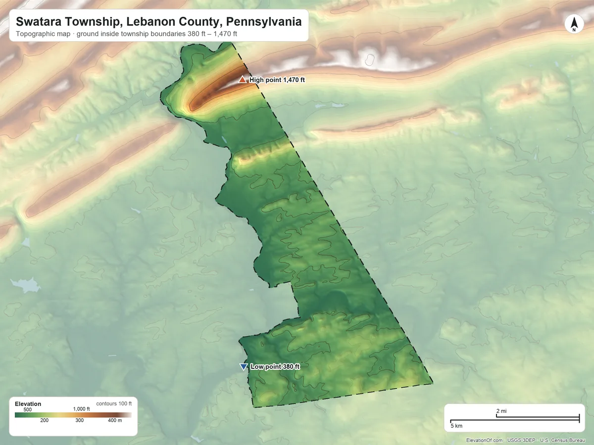Topographic elevation map of Swatara Township, Lebanon County, Pennsylvania, shaded from 380 ft on the southwest side to 1,470 ft on the north side