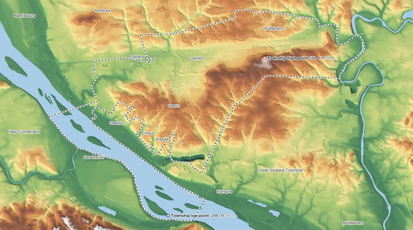 Topographic elevation map of Swatara Township, Pennsylvania, shaded from 280 ft on the south side to 680 ft on the east side