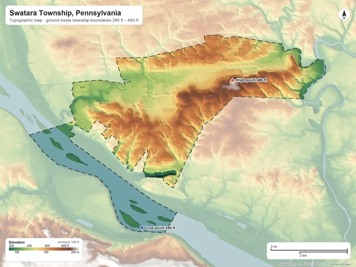 Topographic elevation map of Swatara Township, Pennsylvania, shaded from 280 ft on the south side to 680 ft on the east side