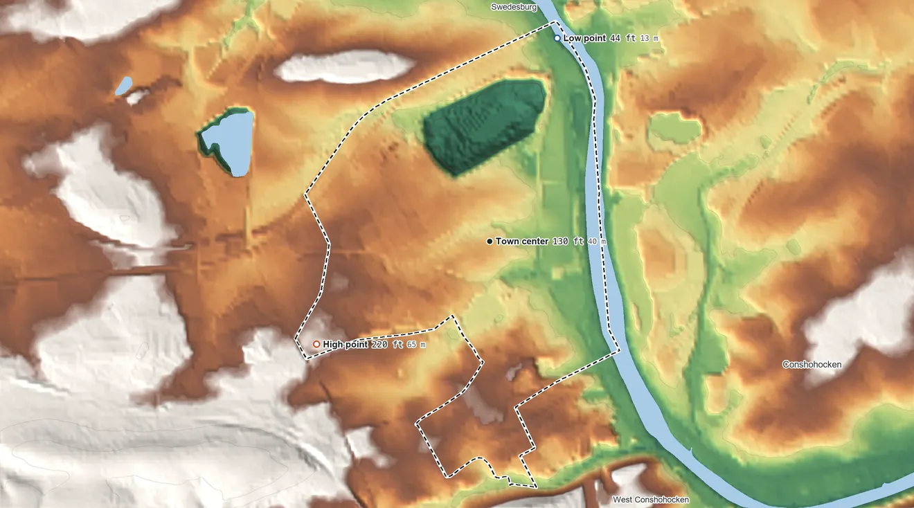 Topographic elevation map of Swedeland, Pennsylvania, shaded from 44 ft on the north side to 220 ft on the southwest side