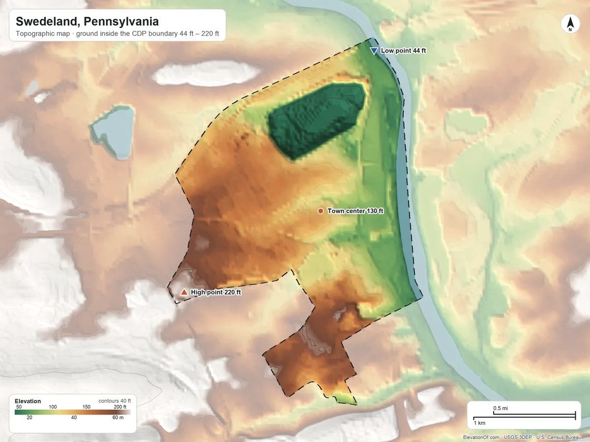 Topographic elevation map of Swedeland, Pennsylvania, shaded from 44 ft on the north side to 220 ft on the southwest side