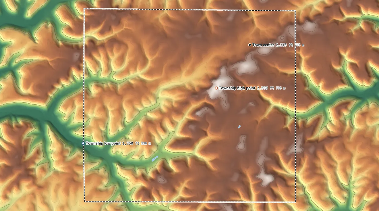 Topographic elevation map of Sweden Township, Pennsylvania, shaded from 1,750 ft on the southwest side to 2,580 ft on Lyon Hill