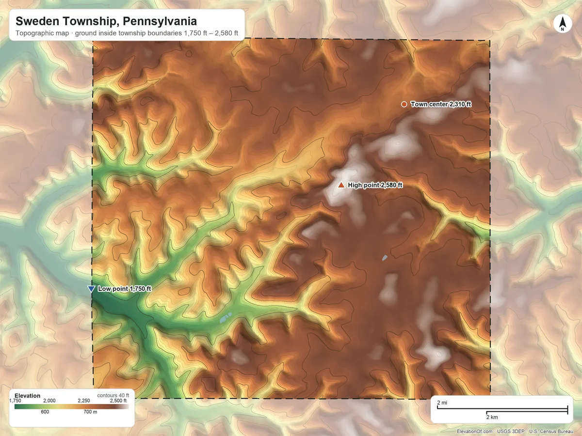 Topographic elevation map of Sweden Township, Pennsylvania, shaded from 1,750 ft on the southwest side to 2,580 ft on Lyon Hill
