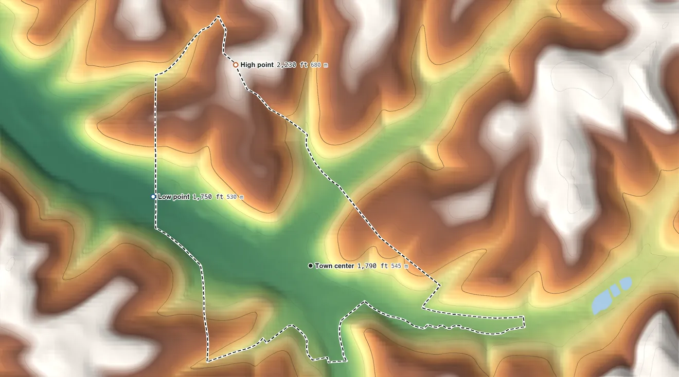 Topographic elevation map of Sweden Valley, Pennsylvania, shaded from 1,750 ft on the northwest side to 2,230 ft on the north side