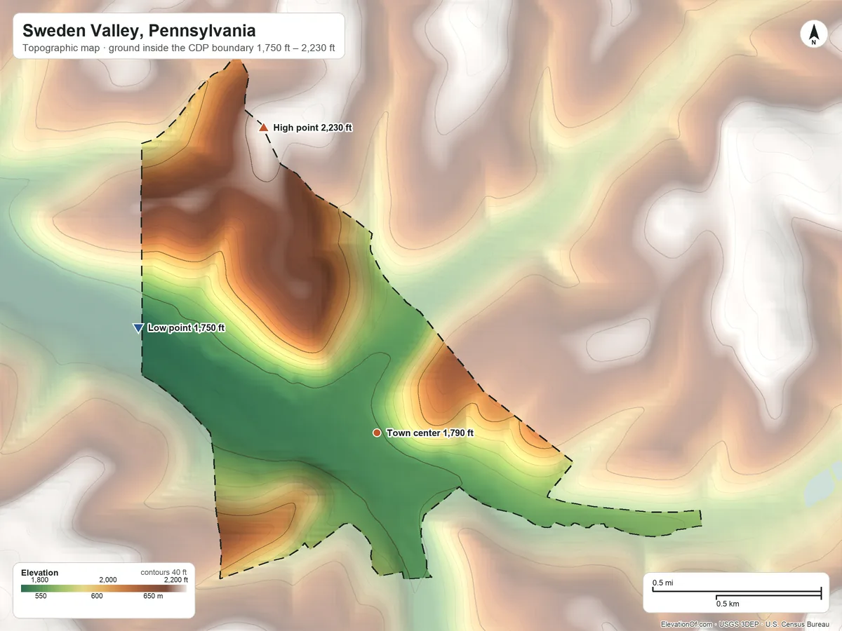 Topographic elevation map of Sweden Valley, Pennsylvania, shaded from 1,750 ft on the northwest side to 2,230 ft on the north side