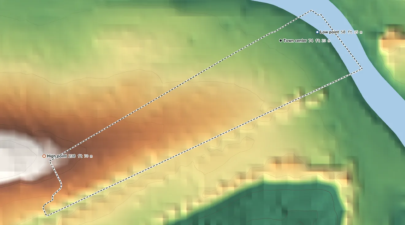 Topographic elevation map of Swedesburg, Pennsylvania, shaded from 50 ft near the middle to 230 ft on the southwest side