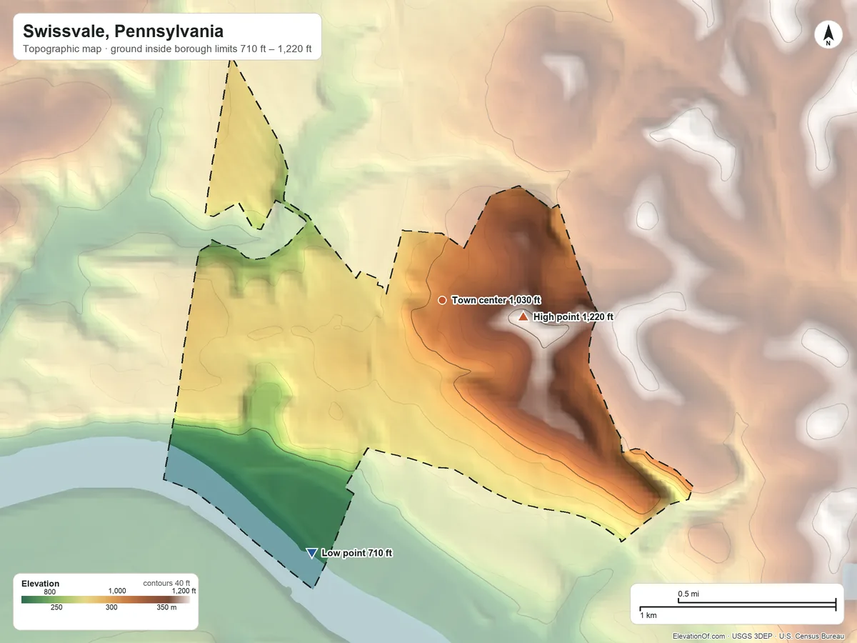 Topographic elevation map of Swissvale, Pennsylvania, shaded from 710 ft on the southwest side to 1,220 ft on the east side