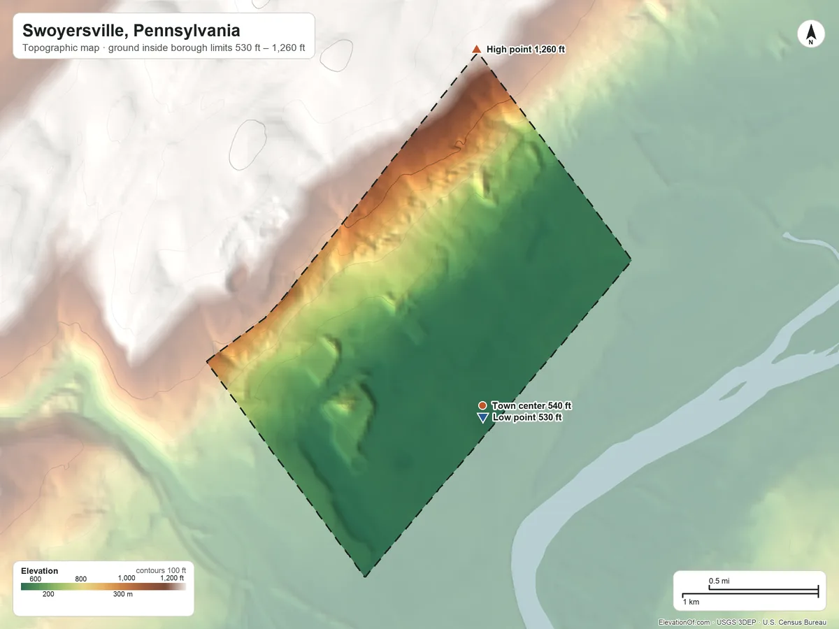 Topographic elevation map of Swoyersville, Pennsylvania, shaded from 530 ft near the middle to 1,260 ft on the north edge, below higher ground just outside