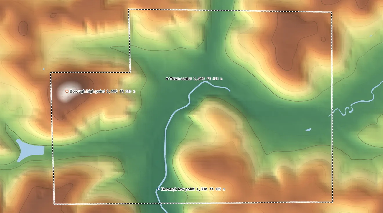 Topographic elevation map of Sykesville, Pennsylvania, shaded from 1,330 ft on the south side to 1,690 ft on the west side