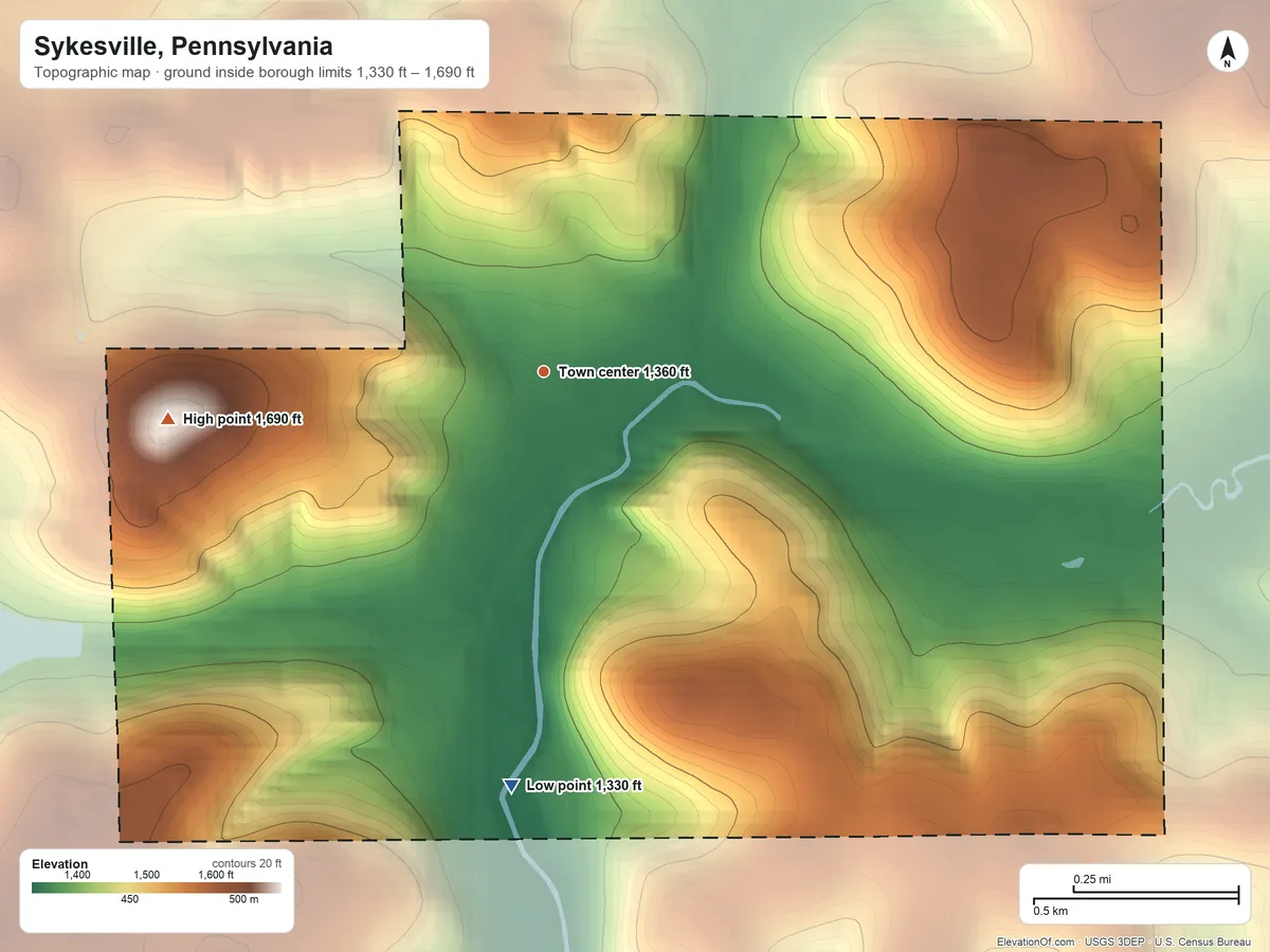 Topographic elevation map of Sykesville, Pennsylvania, shaded from 1,330 ft on the south side to 1,690 ft on the west side