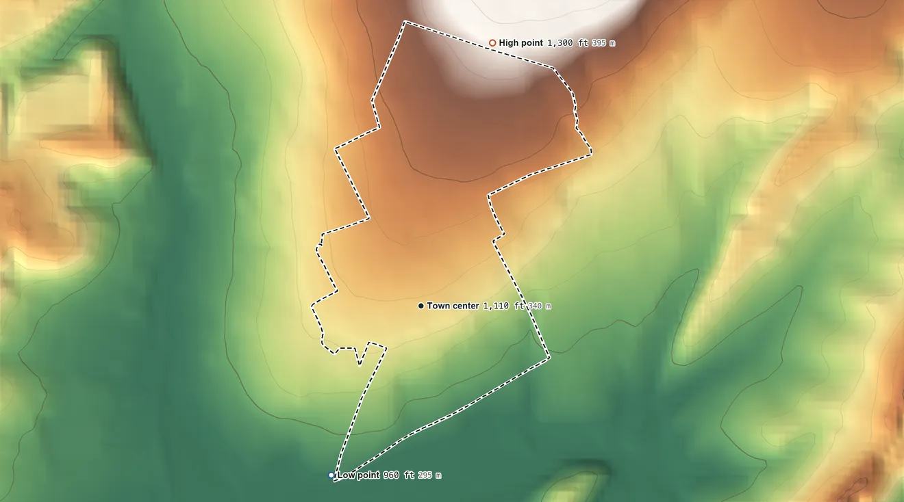 Topographic elevation map of Sylvan Hills, Pennsylvania, shaded from 960 ft on the southwest side to 1,300 ft on the north edge, below higher ground just outside