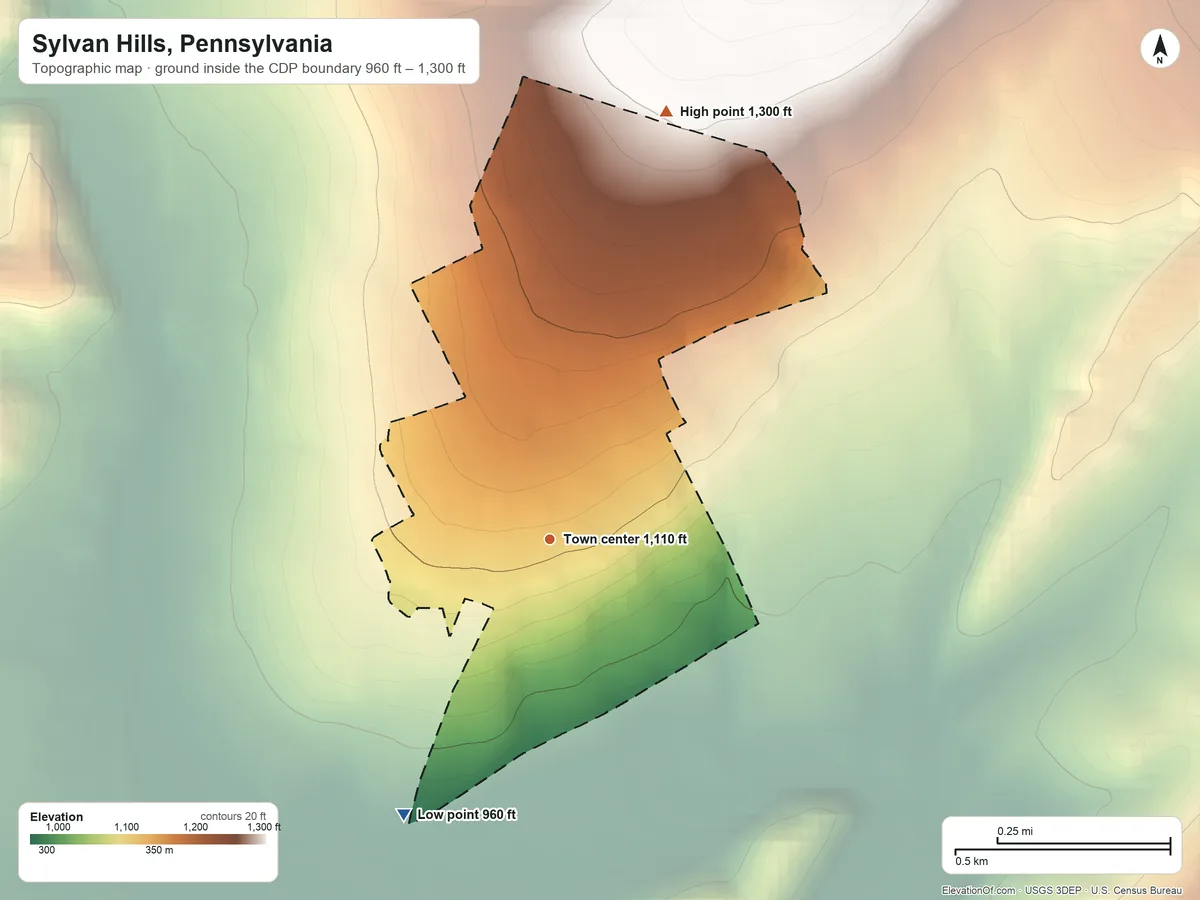 Topographic elevation map of Sylvan Hills, Pennsylvania, shaded from 960 ft on the southwest side to 1,300 ft on the north edge, below higher ground just outside