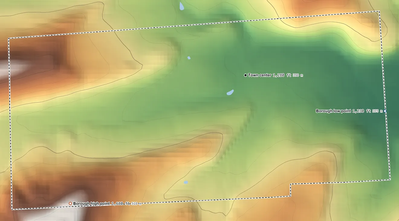 Topographic elevation map of Sylvania, Pennsylvania, shaded from 1,230 ft on the east side to 1,680 ft on the southwest edge, below higher ground just outside