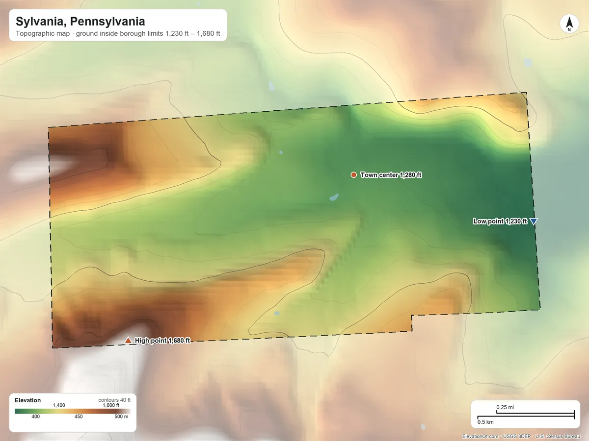 Topographic elevation map of Sylvania, Pennsylvania, shaded from 1,230 ft on the east side to 1,680 ft on the southwest edge, below higher ground just outside