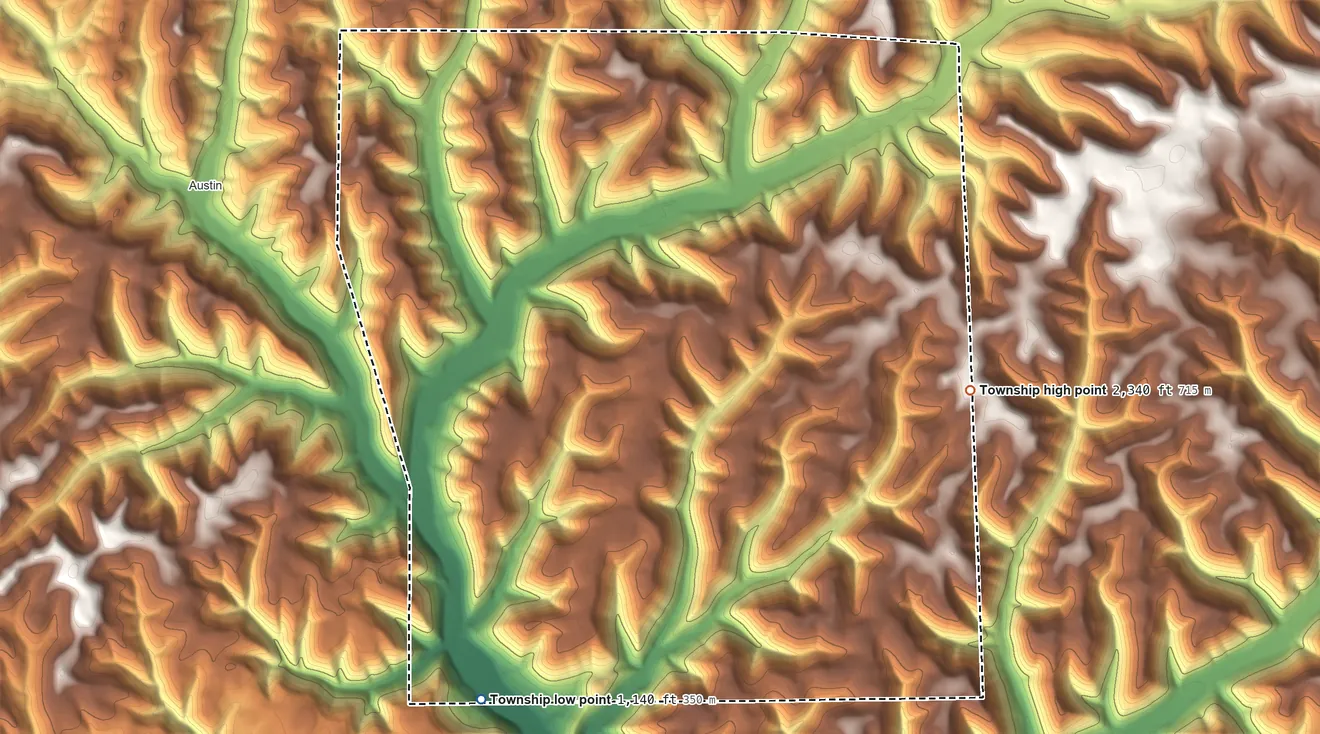 Topographic elevation map of Sylvania Township, Pennsylvania, shaded from 1,140 ft on the southwest side to 2,340 ft on the east side