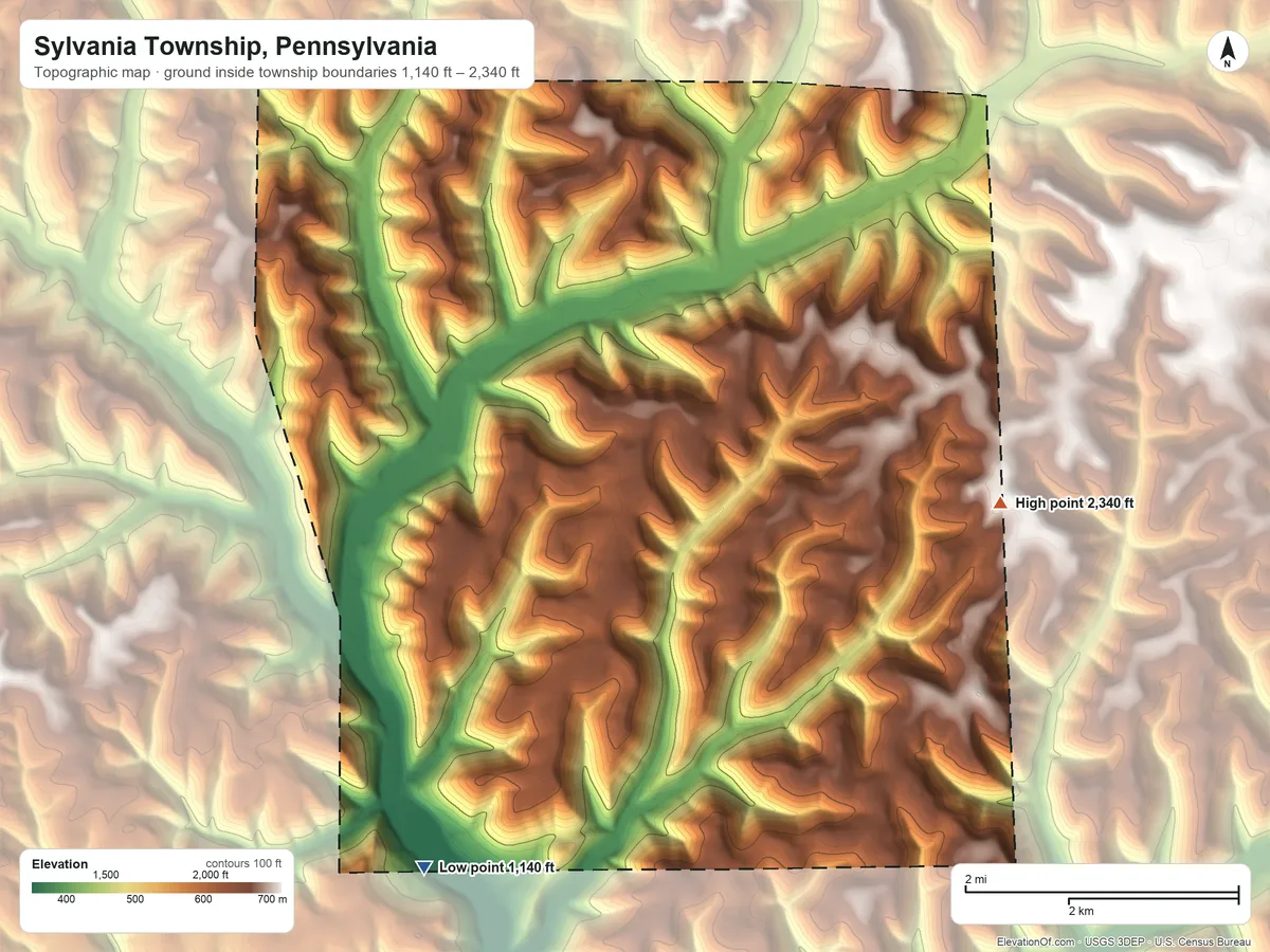 Topographic elevation map of Sylvania Township, Pennsylvania, shaded from 1,140 ft on the southwest side to 2,340 ft on the east side