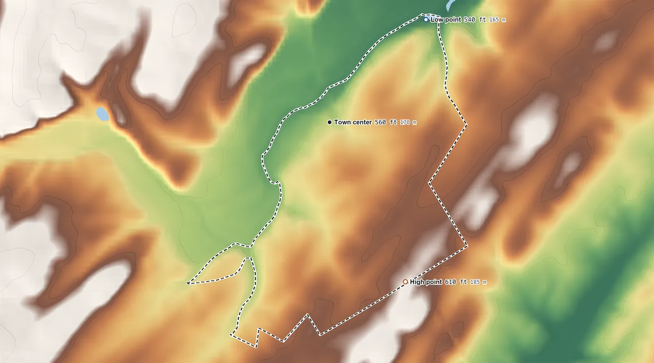 Topographic elevation map of Table Rock, Pennsylvania, shaded from 540 ft on the northeast side to 610 ft on the southeast side