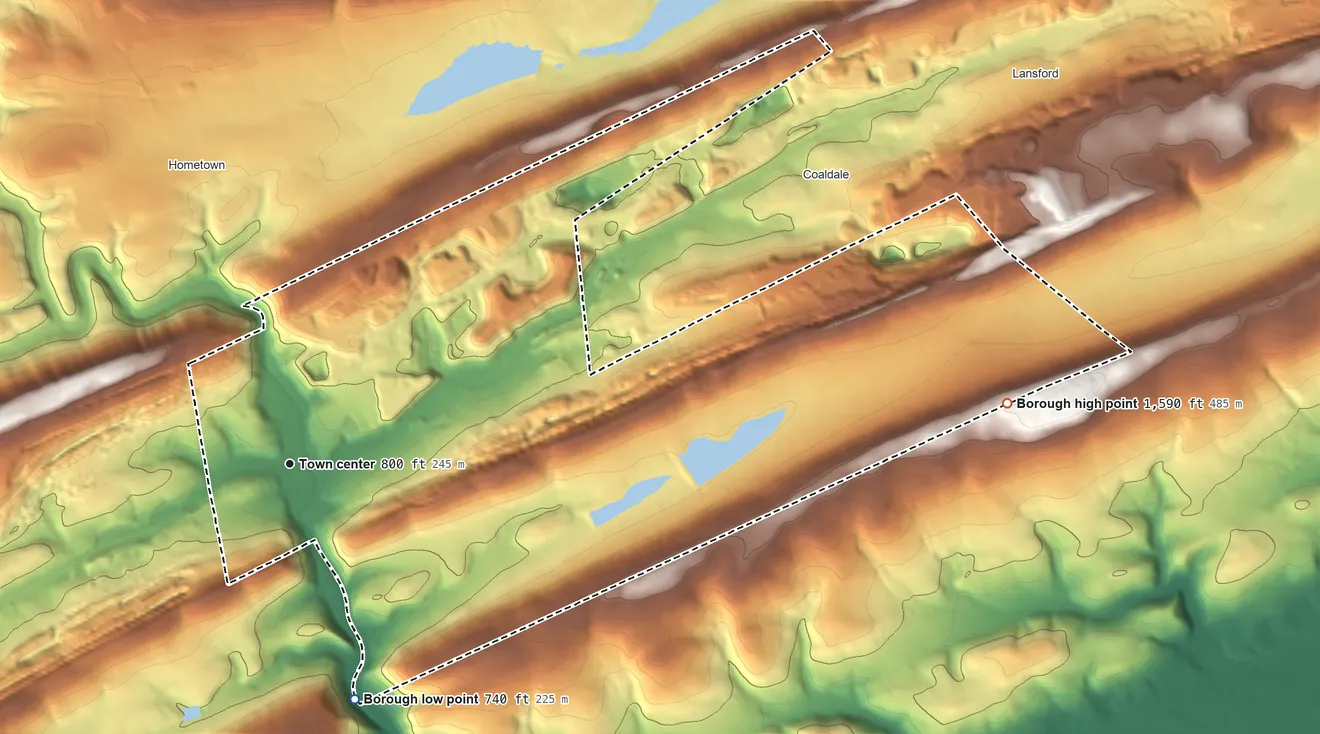 Topographic elevation map of Tamaqua, Pennsylvania, shaded from 740 ft on the south side to 1,590 ft on the east side
