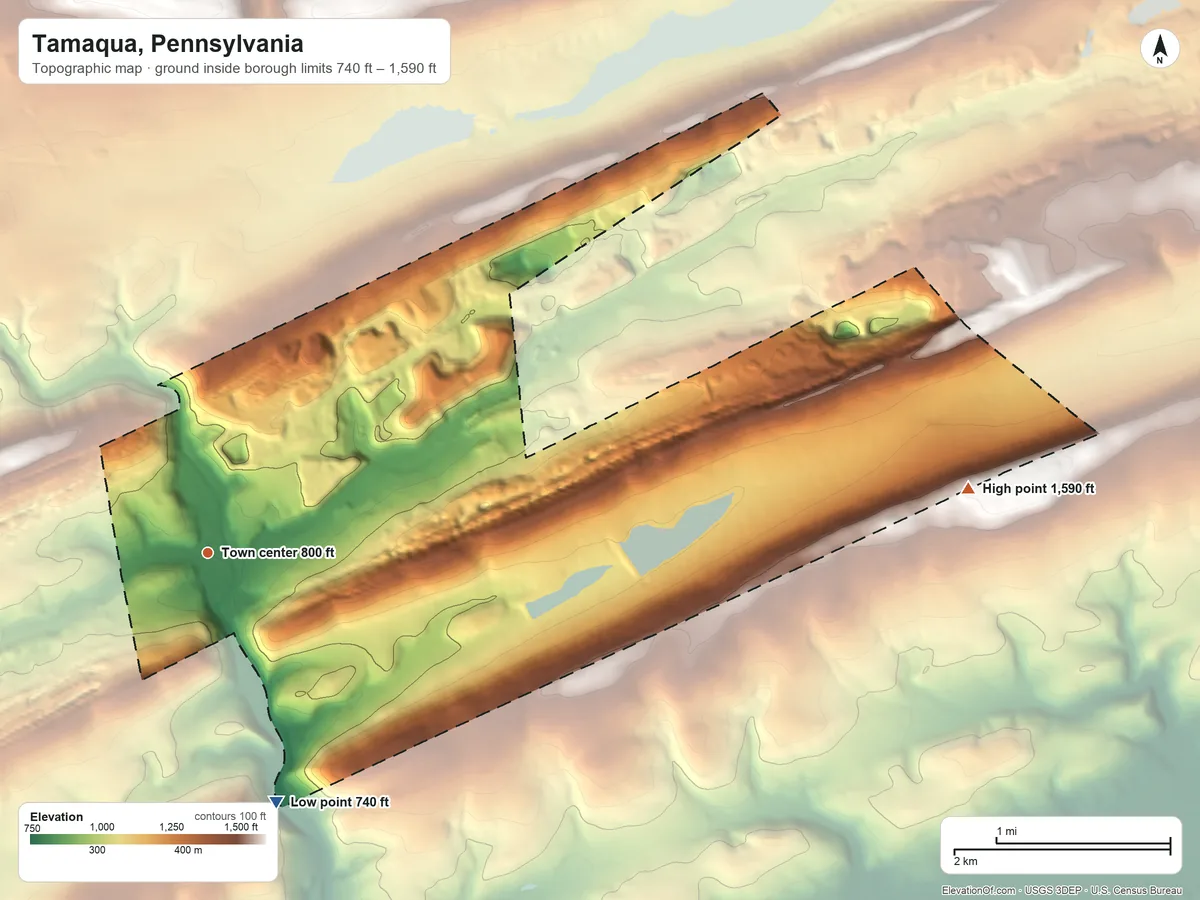 Topographic elevation map of Tamaqua, Pennsylvania, shaded from 740 ft on the south side to 1,590 ft on the east side