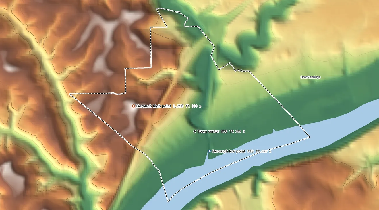 Topographic elevation map of Tarentum, Pennsylvania, shaded from 740 ft near the middle to 1,250 ft on the northwest side