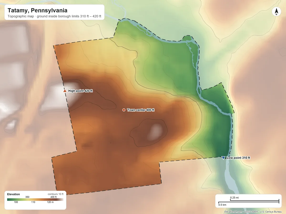 Topographic elevation map of Tatamy, Pennsylvania, shaded from 310 ft on the southeast side to 420 ft on the west side