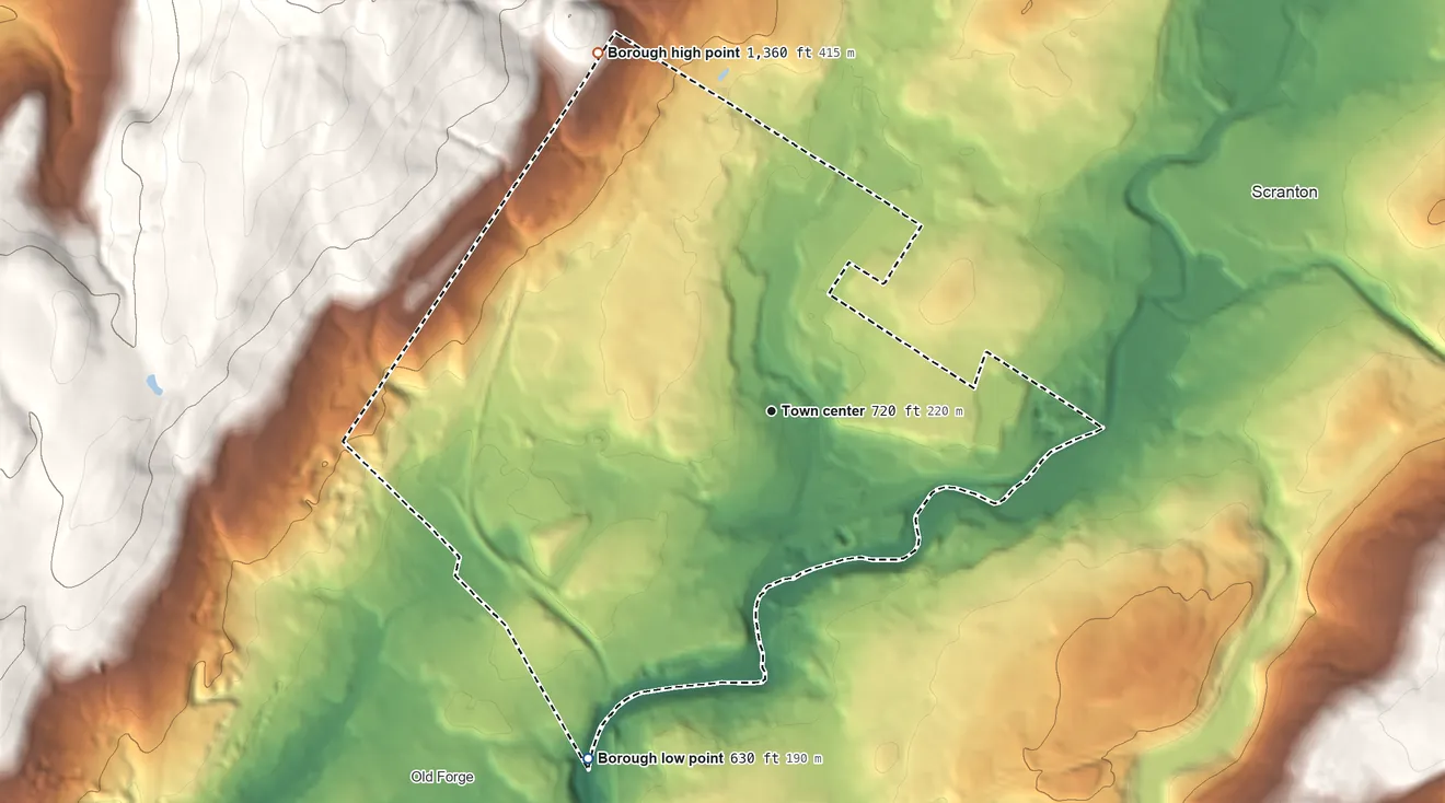 Topographic elevation map of Taylor, Pennsylvania, shaded from 630 ft on the southwest side to 1,360 ft on the northwest edge, below higher ground just outside