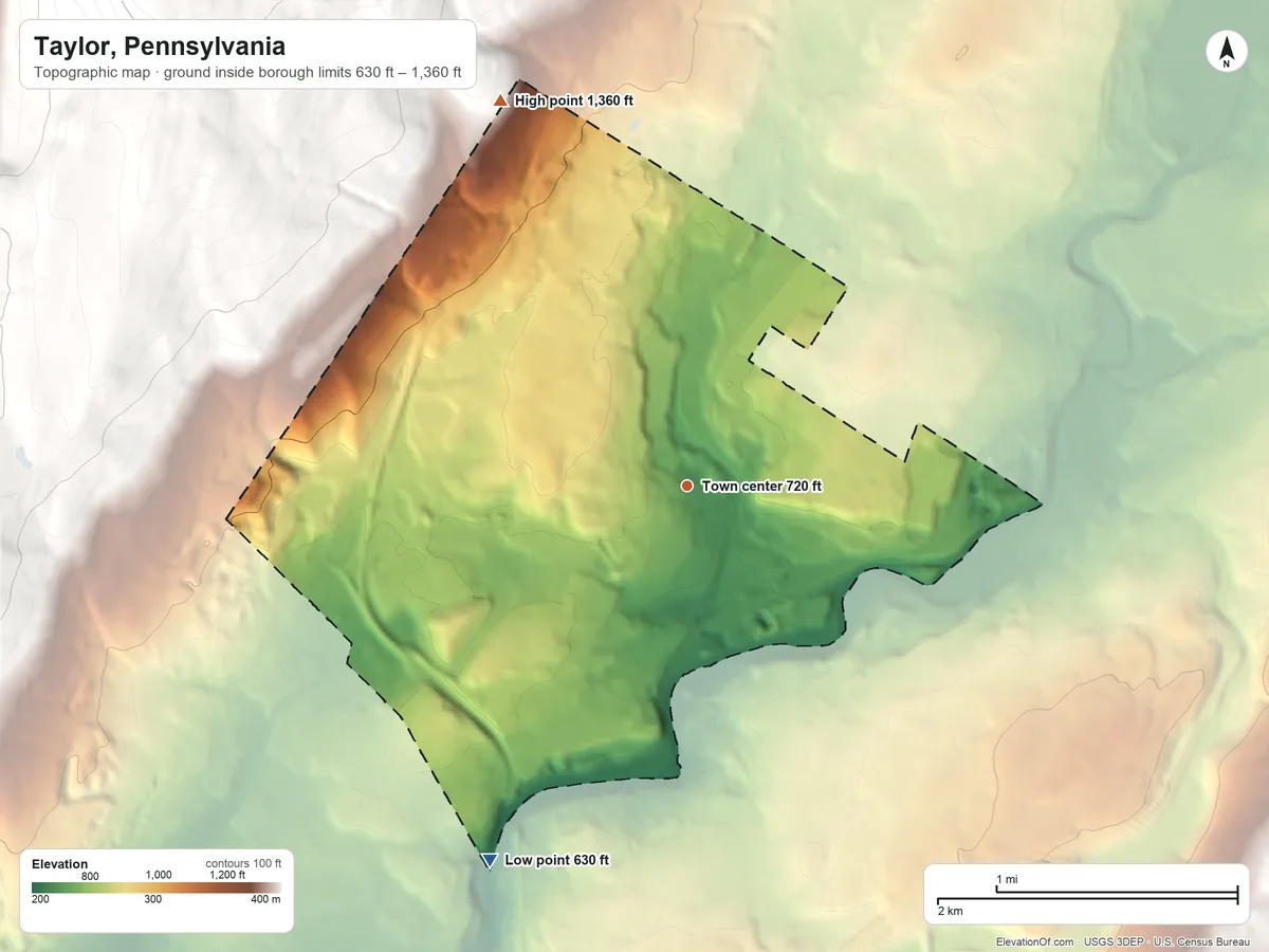 Topographic elevation map of Taylor, Pennsylvania, shaded from 630 ft on the southwest side to 1,360 ft on the northwest edge, below higher ground just outside