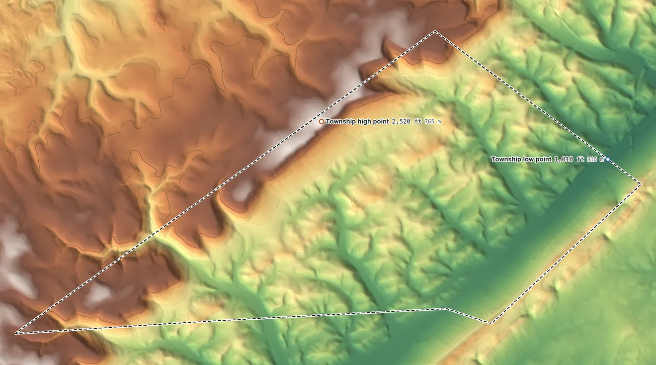 Topographic elevation map of Taylor Township, Centre County, Pennsylvania, shaded from 1,010 ft on the east side to 2,520 ft on the northwest side