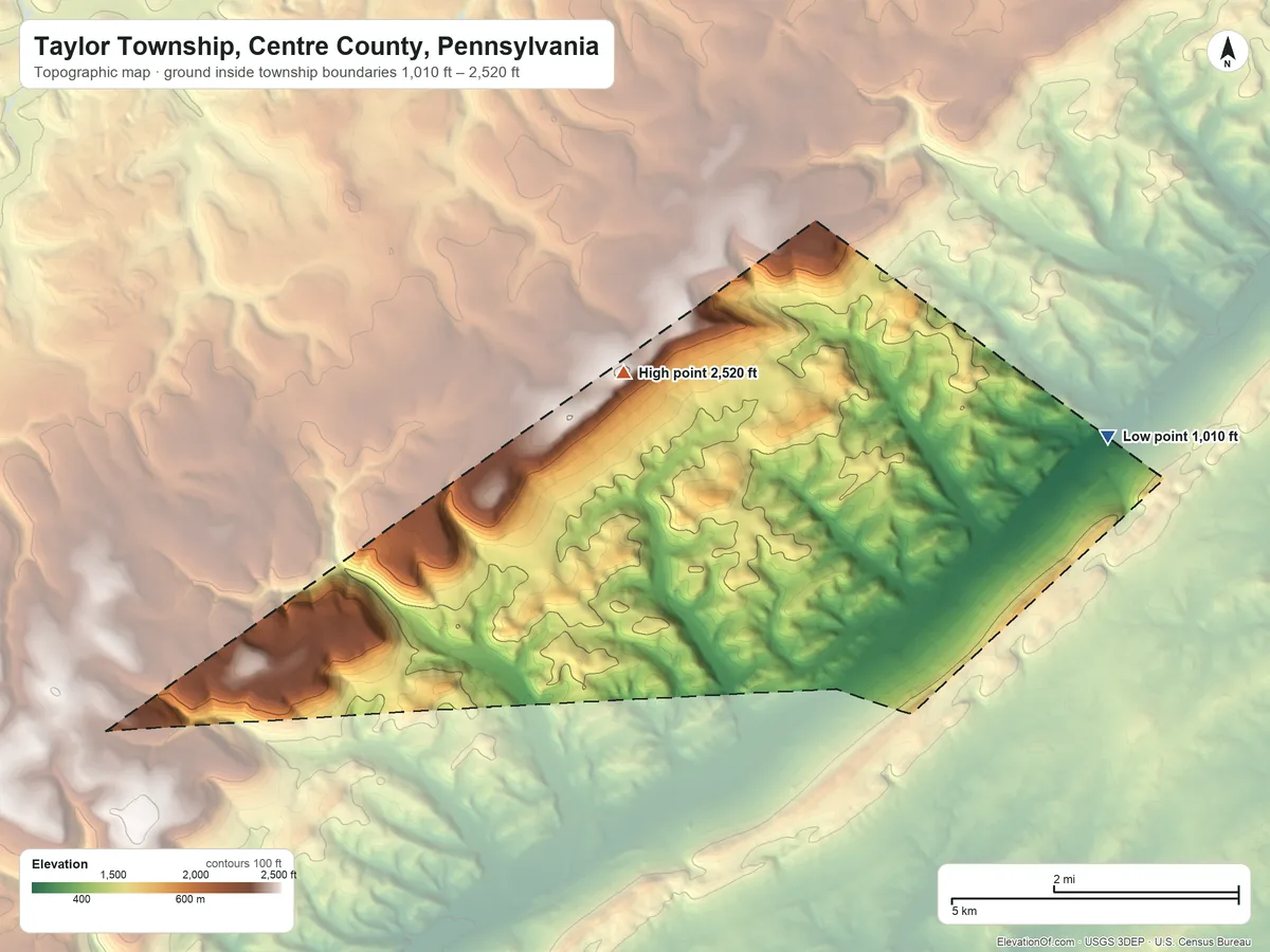 Topographic elevation map of Taylor Township, Centre County, Pennsylvania, shaded from 1,010 ft on the east side to 2,520 ft on the northwest side