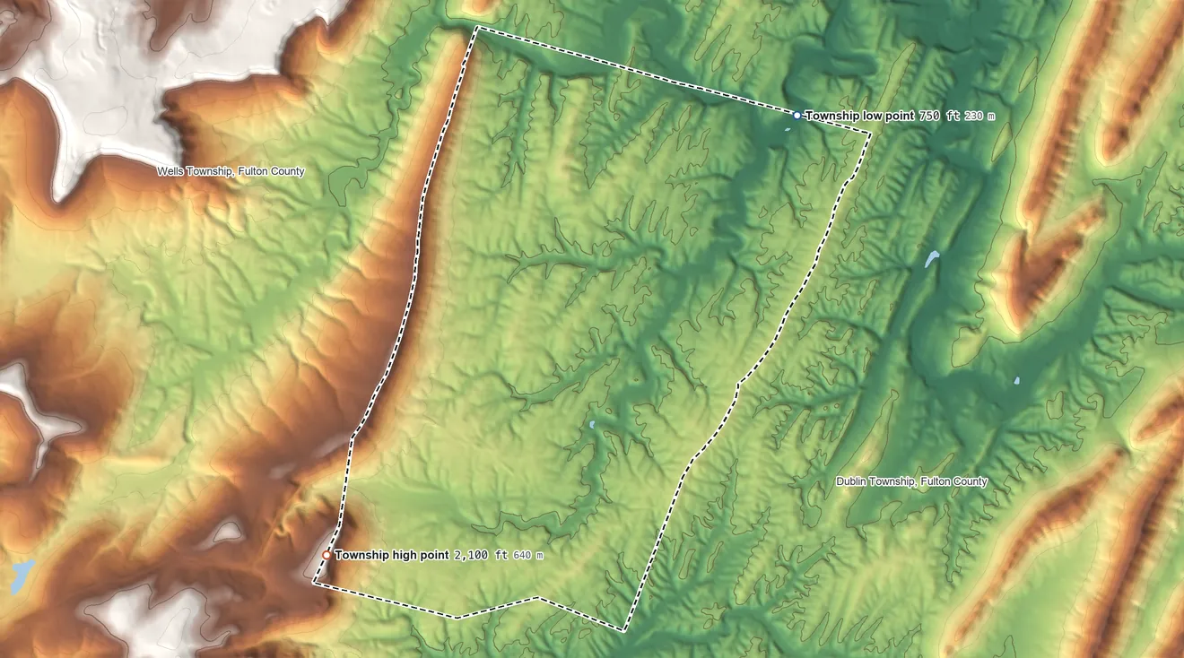 Topographic elevation map of Taylor Township, Fulton County, Pennsylvania, shaded from 750 ft on the northeast side to 2,100 ft on King Knob