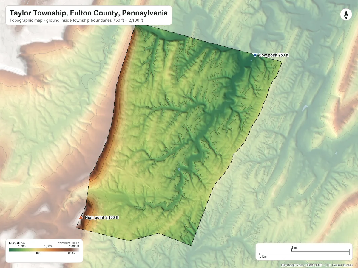 Topographic elevation map of Taylor Township, Fulton County, Pennsylvania, shaded from 750 ft on the northeast side to 2,100 ft on King Knob