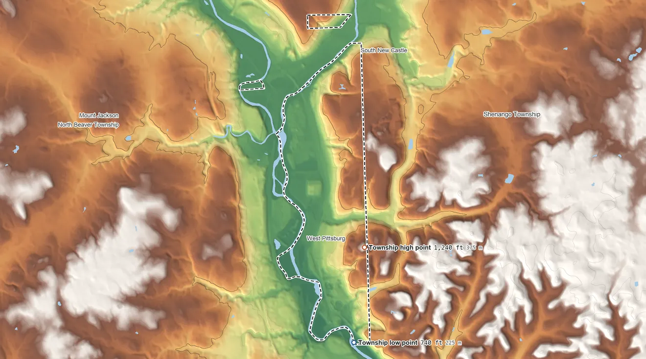 Topographic elevation map of Taylor Township, Lawrence County, Pennsylvania, shaded from 740 ft on the south side to 1,240 ft near the middle