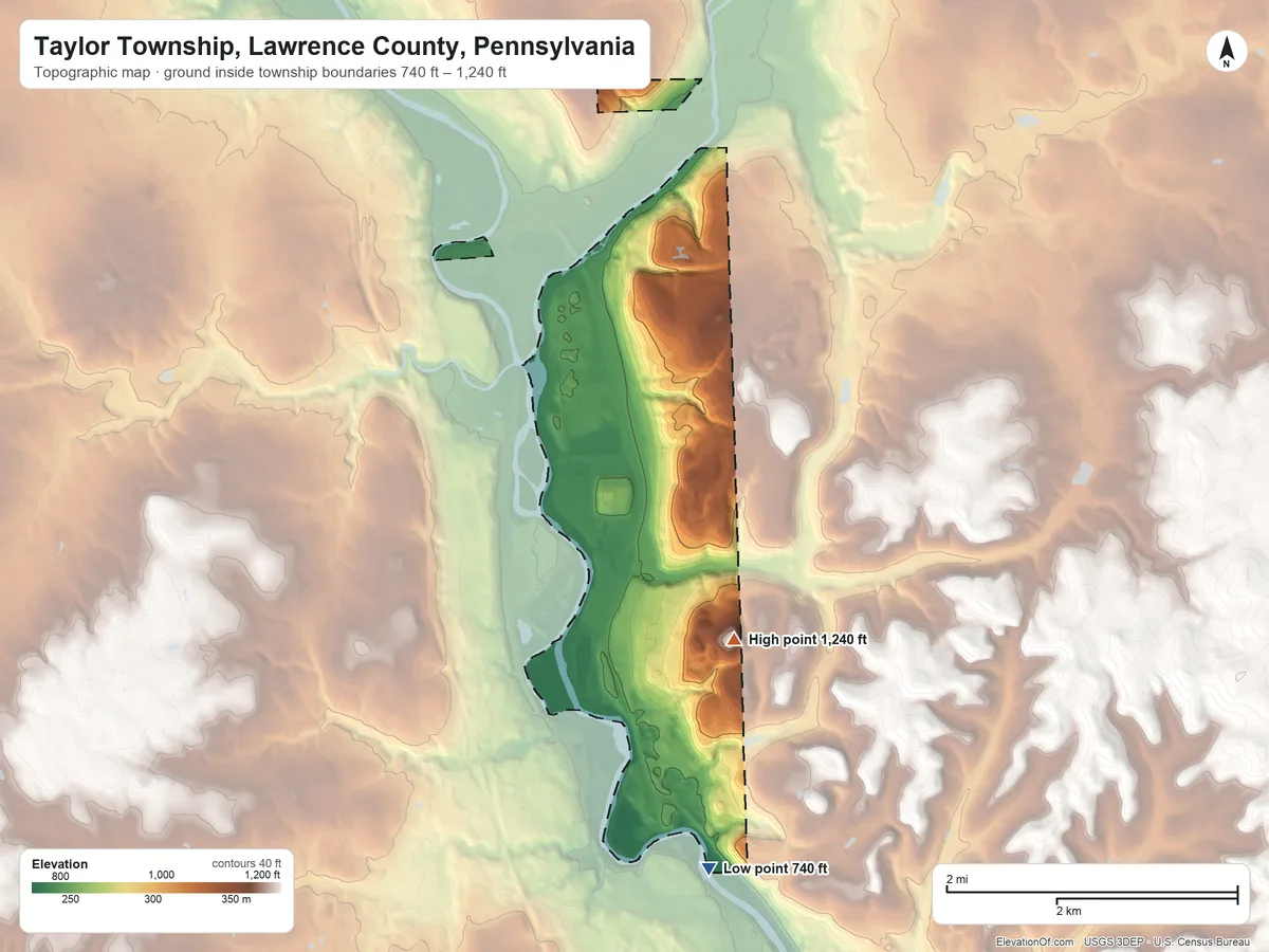 Topographic elevation map of Taylor Township, Lawrence County, Pennsylvania, shaded from 740 ft on the south side to 1,240 ft near the middle