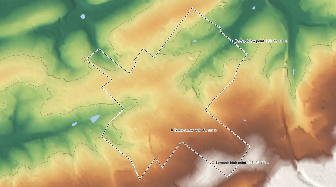 Topographic elevation map of Telford, Pennsylvania, shaded from 360 ft on the northeast side to 490 ft on the southeast side