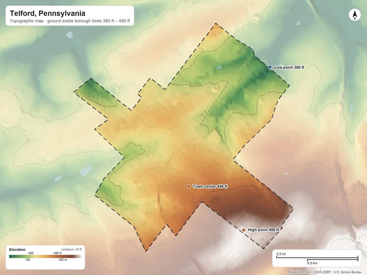 Topographic elevation map of Telford, Pennsylvania, shaded from 360 ft on the northeast side to 490 ft on the southeast side