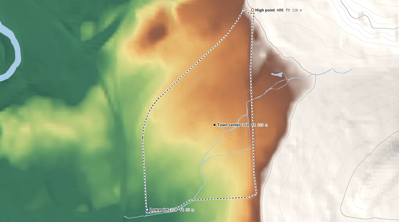 Topographic elevation map of Temple, Pennsylvania, shaded from 320 ft on the southwest side to 400 ft on the north edge, below higher ground just outside