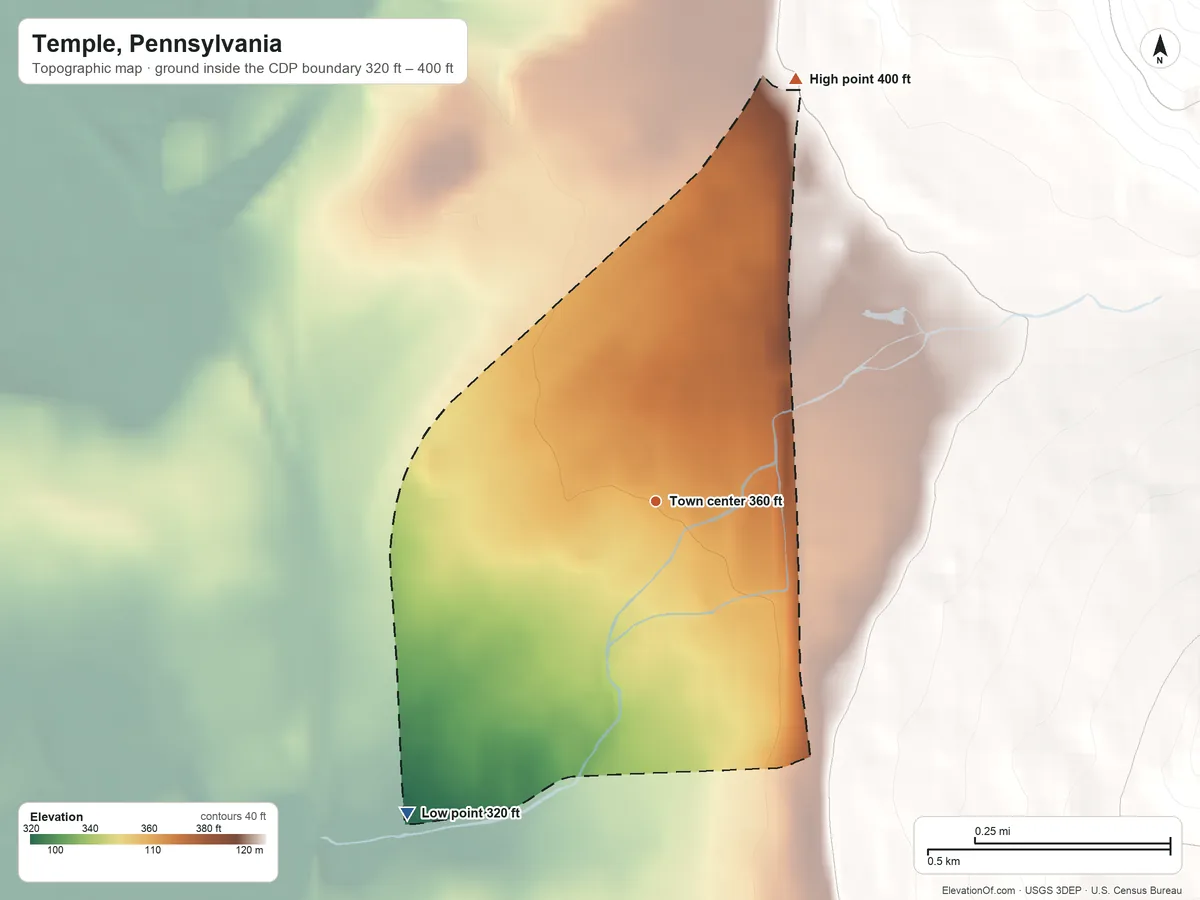 Topographic elevation map of Temple, Pennsylvania, shaded from 320 ft on the southwest side to 400 ft on the north edge, below higher ground just outside