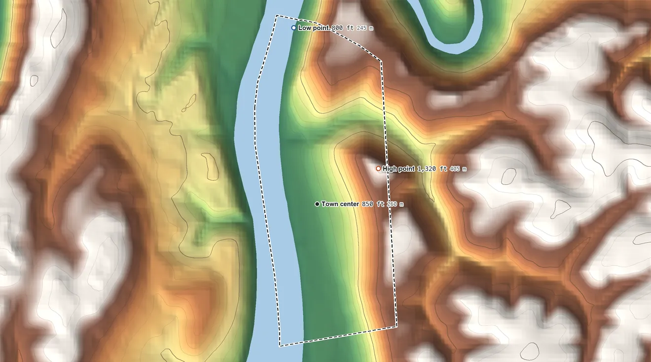 Topographic elevation map of Templeton, Pennsylvania, shaded from 800 ft on the north side to 1,320 ft on the northeast side
