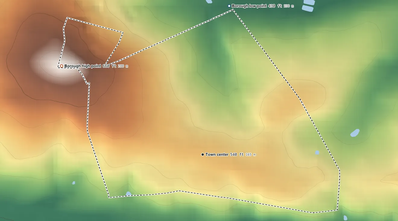 Topographic elevation map of Terre Hill, Pennsylvania, shaded from 430 ft on the north side to 660 ft on the northwest side