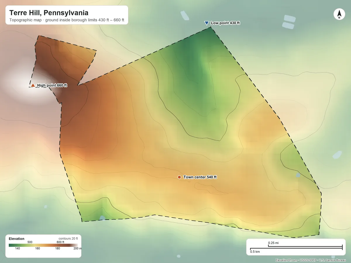 Topographic elevation map of Terre Hill, Pennsylvania, shaded from 430 ft on the north side to 660 ft on the northwest side