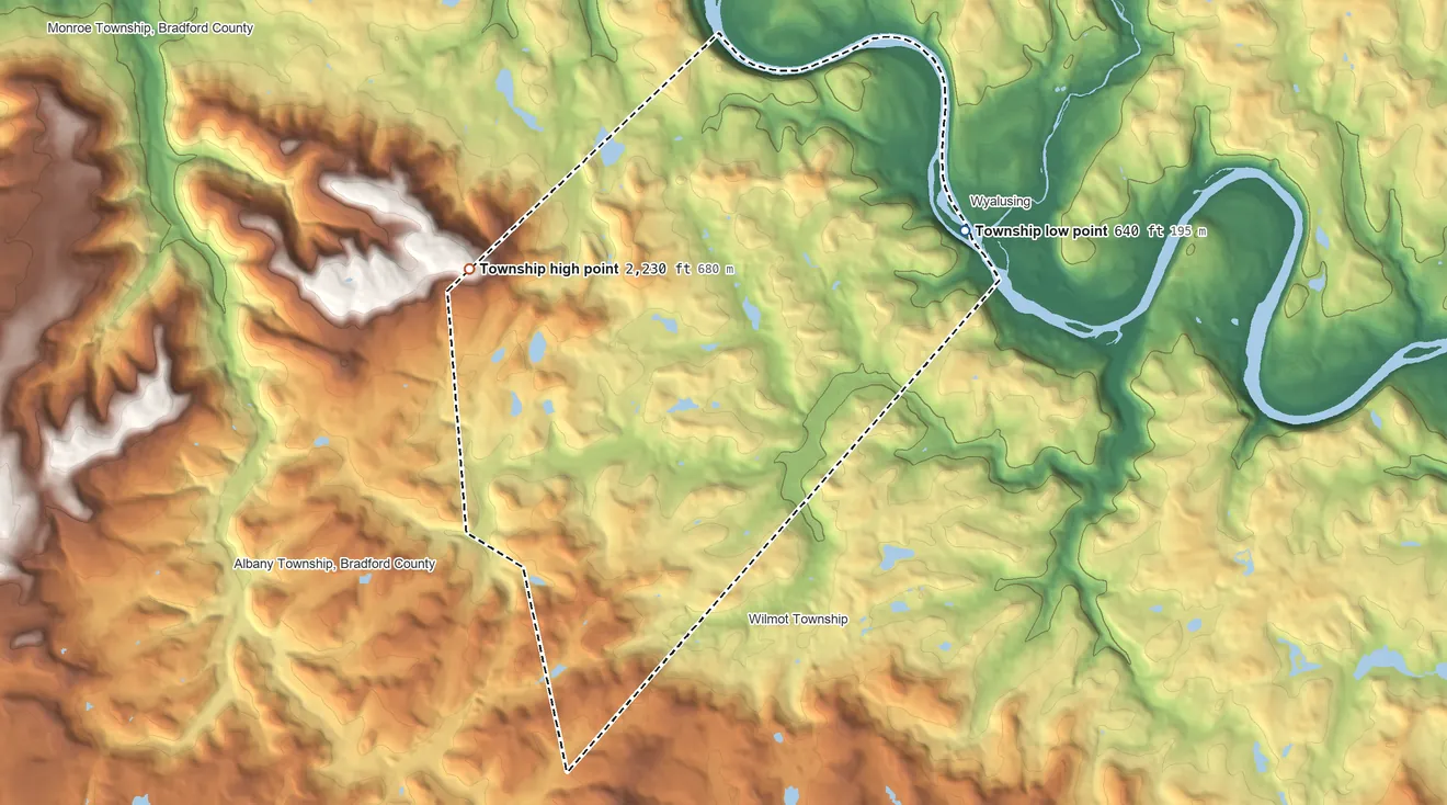Topographic elevation map of Terry Township, Pennsylvania, shaded from 640 ft on the east side to 2,230 ft on the west side