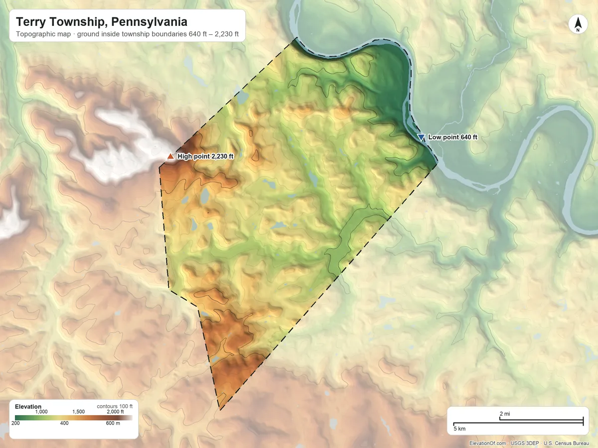 Topographic elevation map of Terry Township, Pennsylvania, shaded from 640 ft on the east side to 2,230 ft on the west side