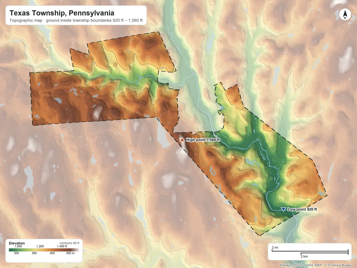 Topographic elevation map of Texas Township, Pennsylvania, shaded from 920 ft on the southeast side to 1,560 ft near the middle