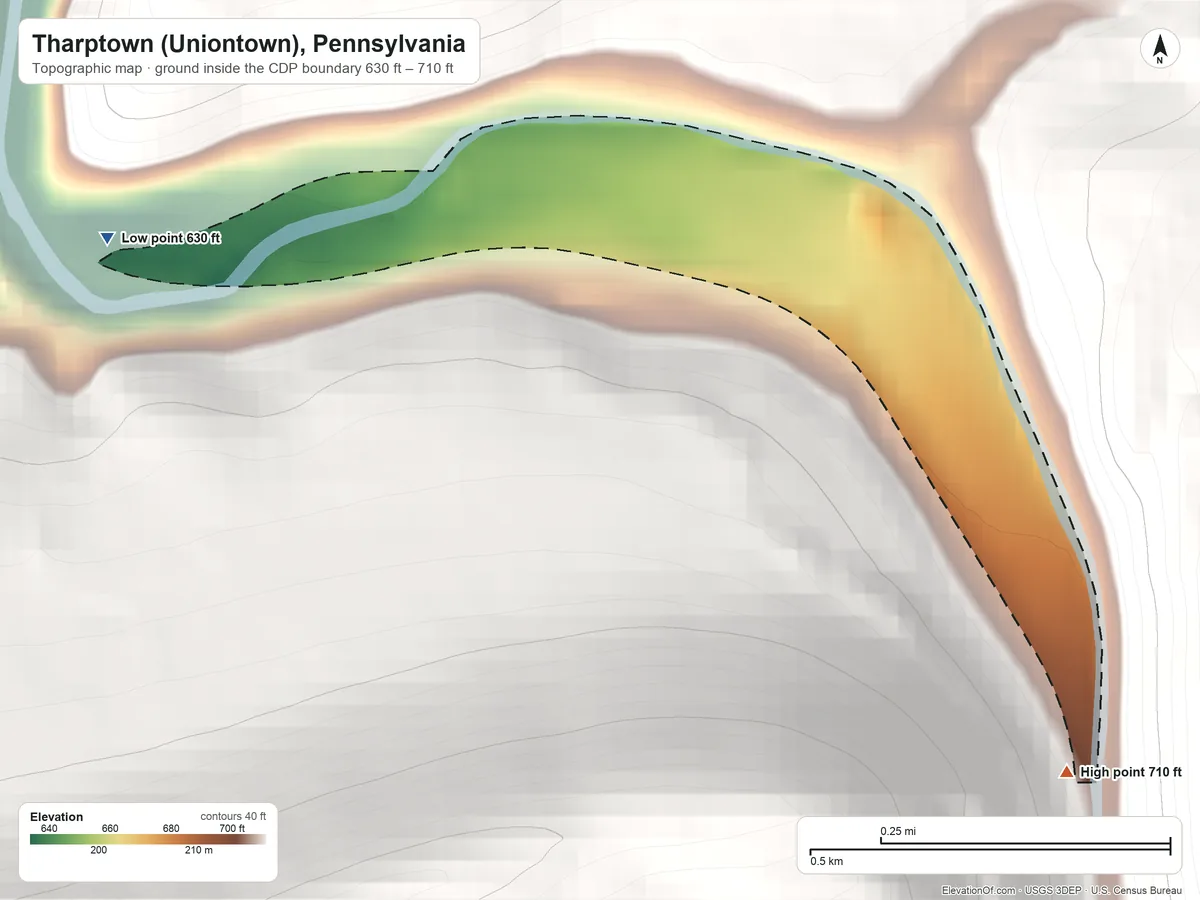 Topographic elevation map of Tharptown (Uniontown), Pennsylvania, shaded from 630 ft on the west side to 710 ft at the foot of the Little Mountain