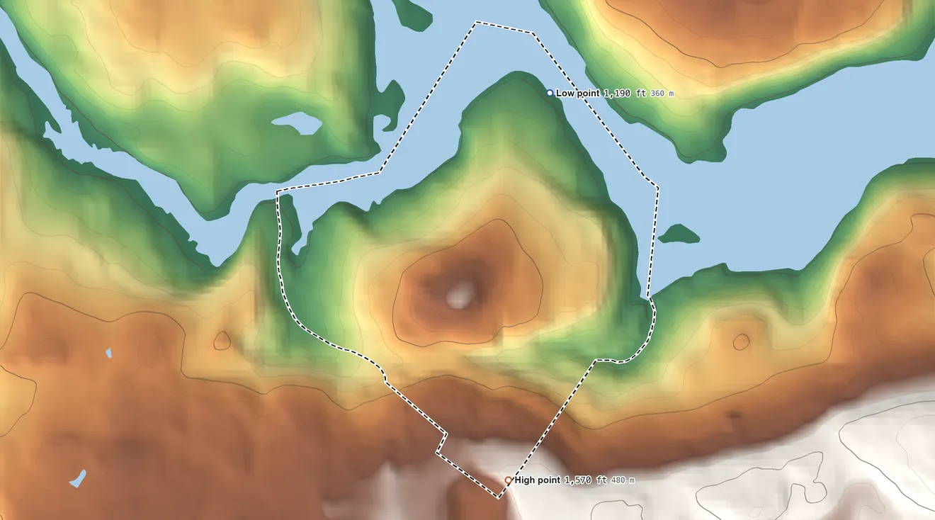 Topographic elevation map of The Escape, Pennsylvania, shaded from 1,190 ft on the north side to 1,570 ft on the south side