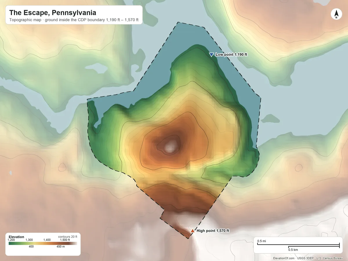 Topographic elevation map of The Escape, Pennsylvania, shaded from 1,190 ft on the north side to 1,570 ft on the south side
