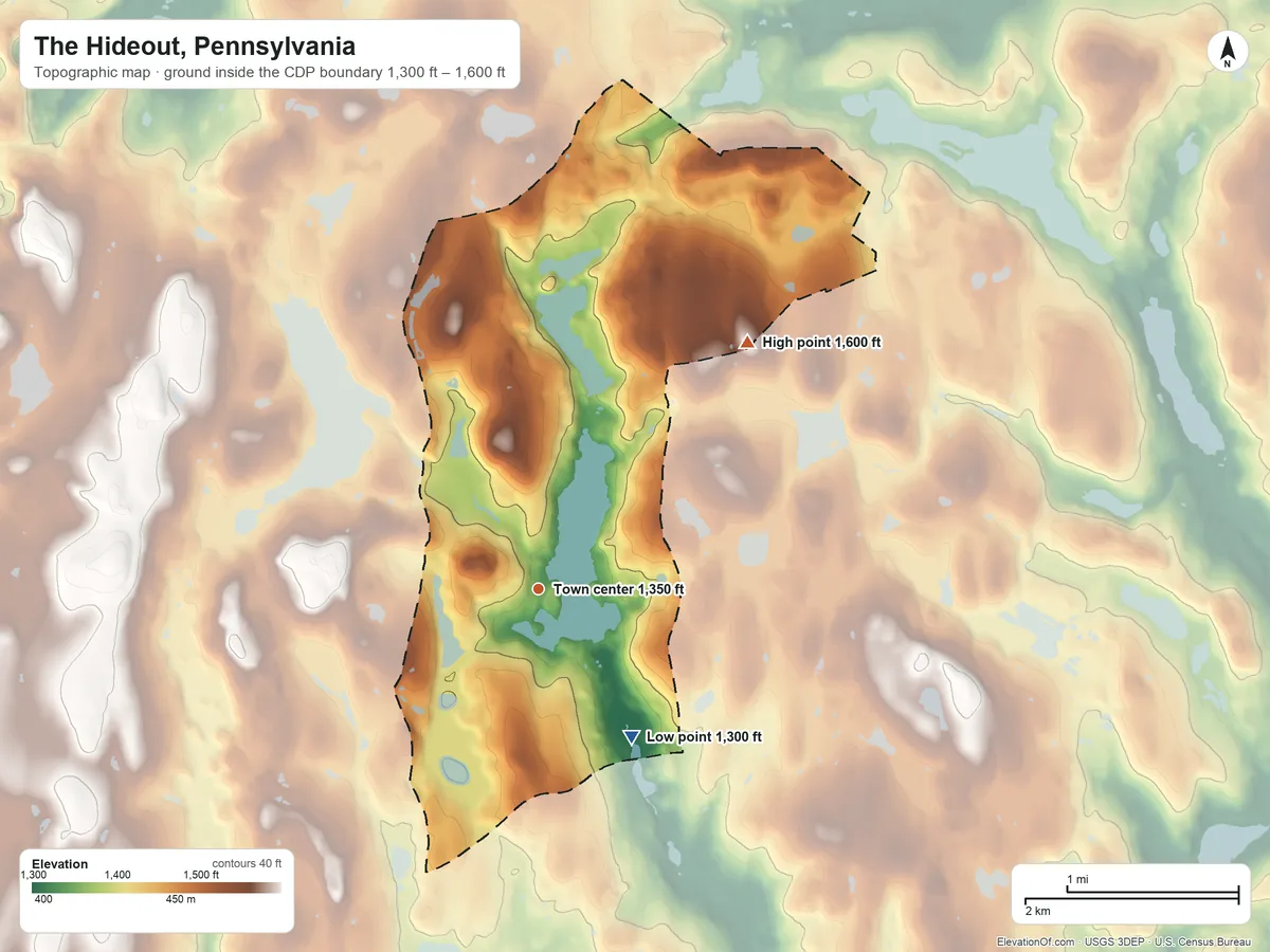 Topographic elevation map of The Hideout, Pennsylvania, shaded from 1,300 ft on the southeast side to 1,600 ft on the northeast side